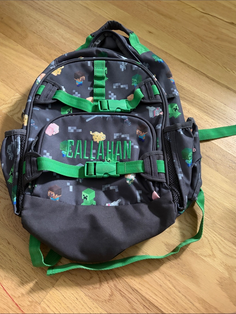 Pottery Barn Kids Gray Backpack with Bright Green Accents and Minecraft Themed